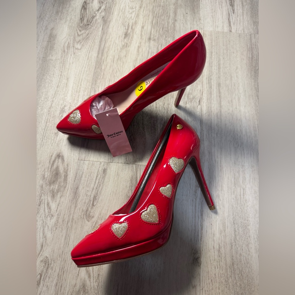 Juicy Couture Glossy Red Heels with Gold Hearts